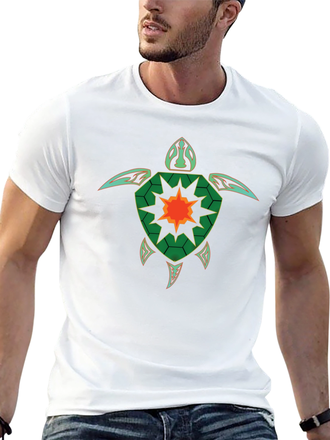 Geometric Turtle Graphic Tee - Black Cotton Casual T-Shirt
