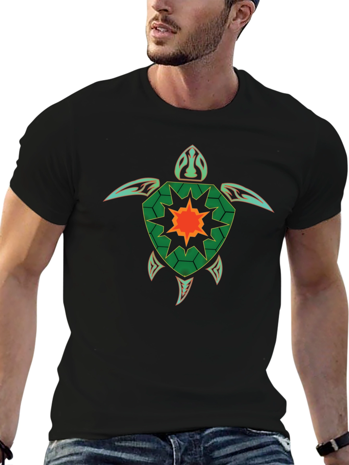 Geometric Turtle Graphic Tee - Black Cotton Casual T-Shirt