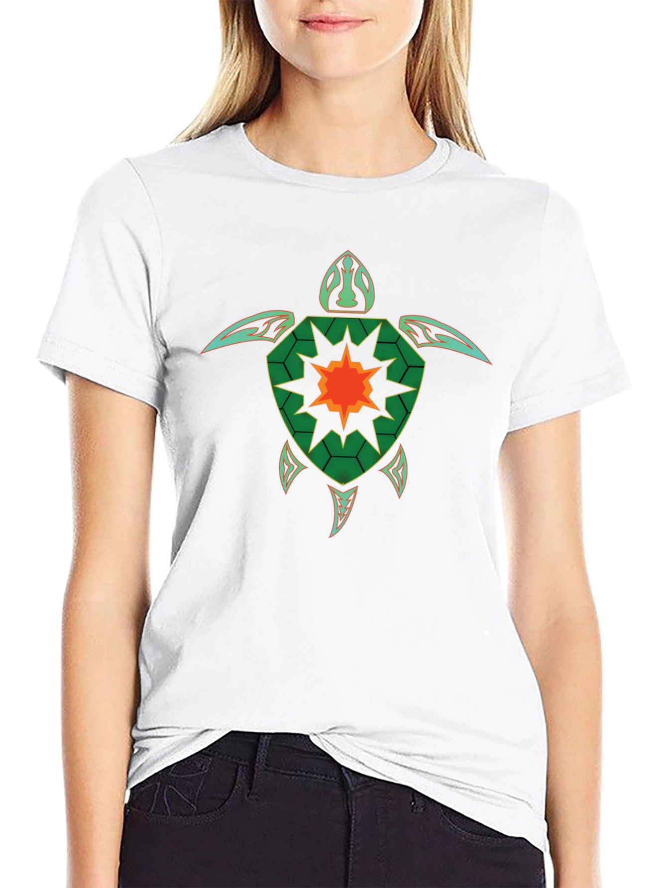 Geometric Turtle Graphic Tee - Black Cotton Casual T-Shirt