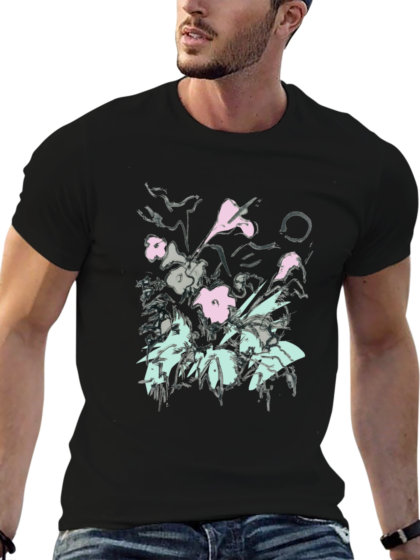 Floral Graphic Print Black T-Shirt