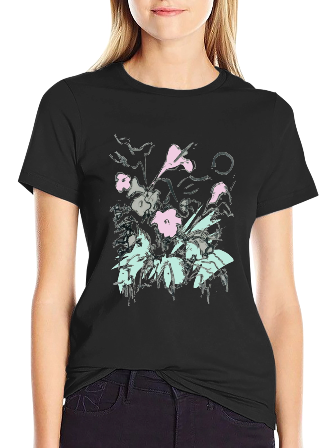Floral Graphic Print Black T-Shirt