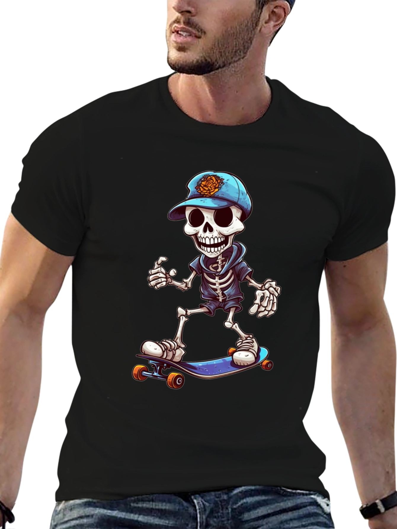 Cool Skeleton Skateboarder Graphic Tee