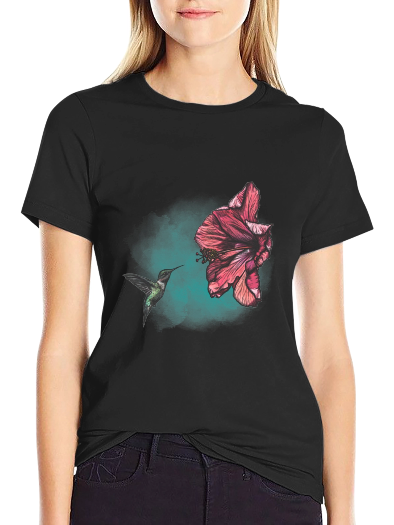 Hummingbird and Hibiscus Graphic T-Shirt