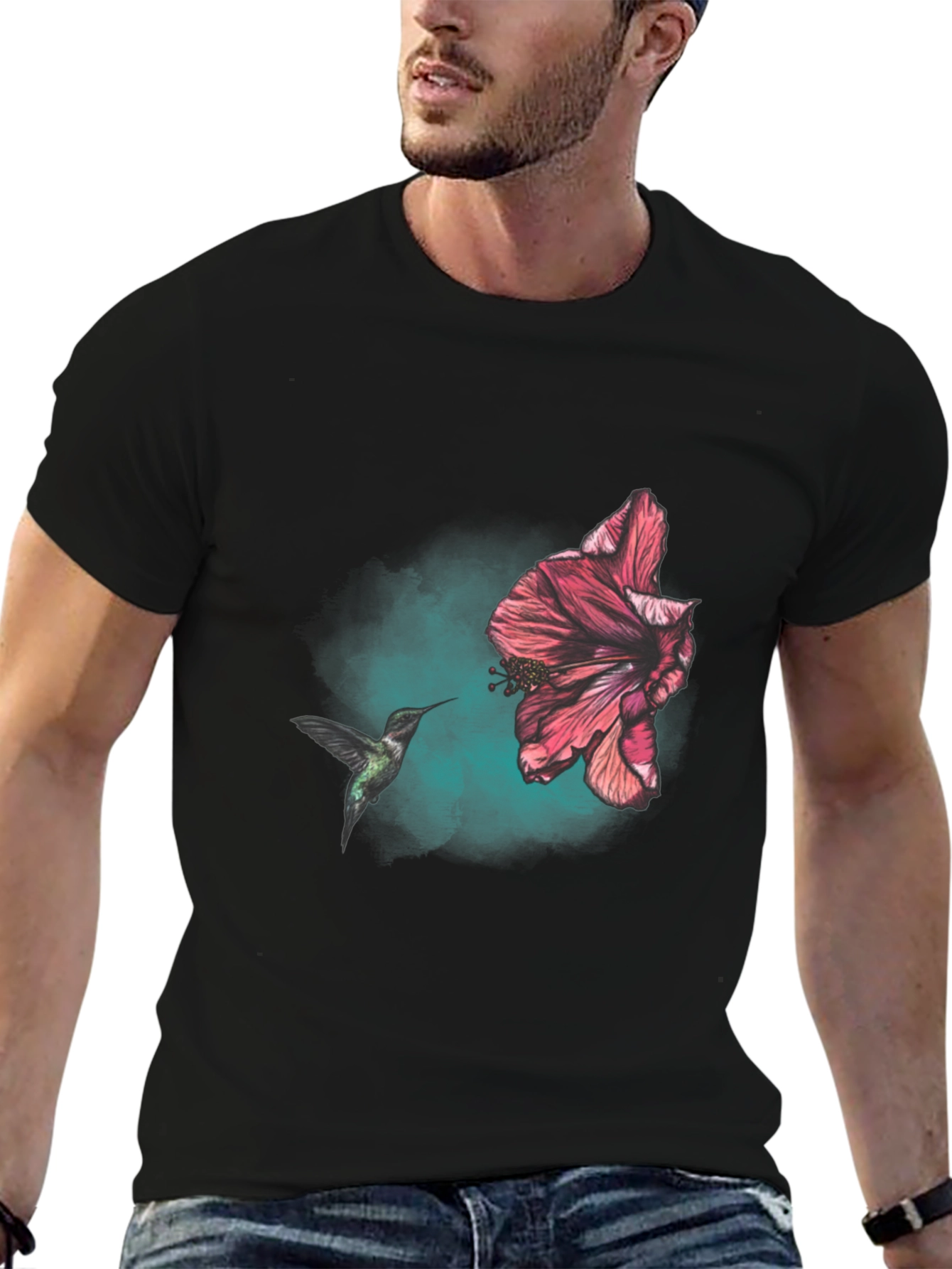 Hummingbird and Hibiscus Graphic T-Shirt