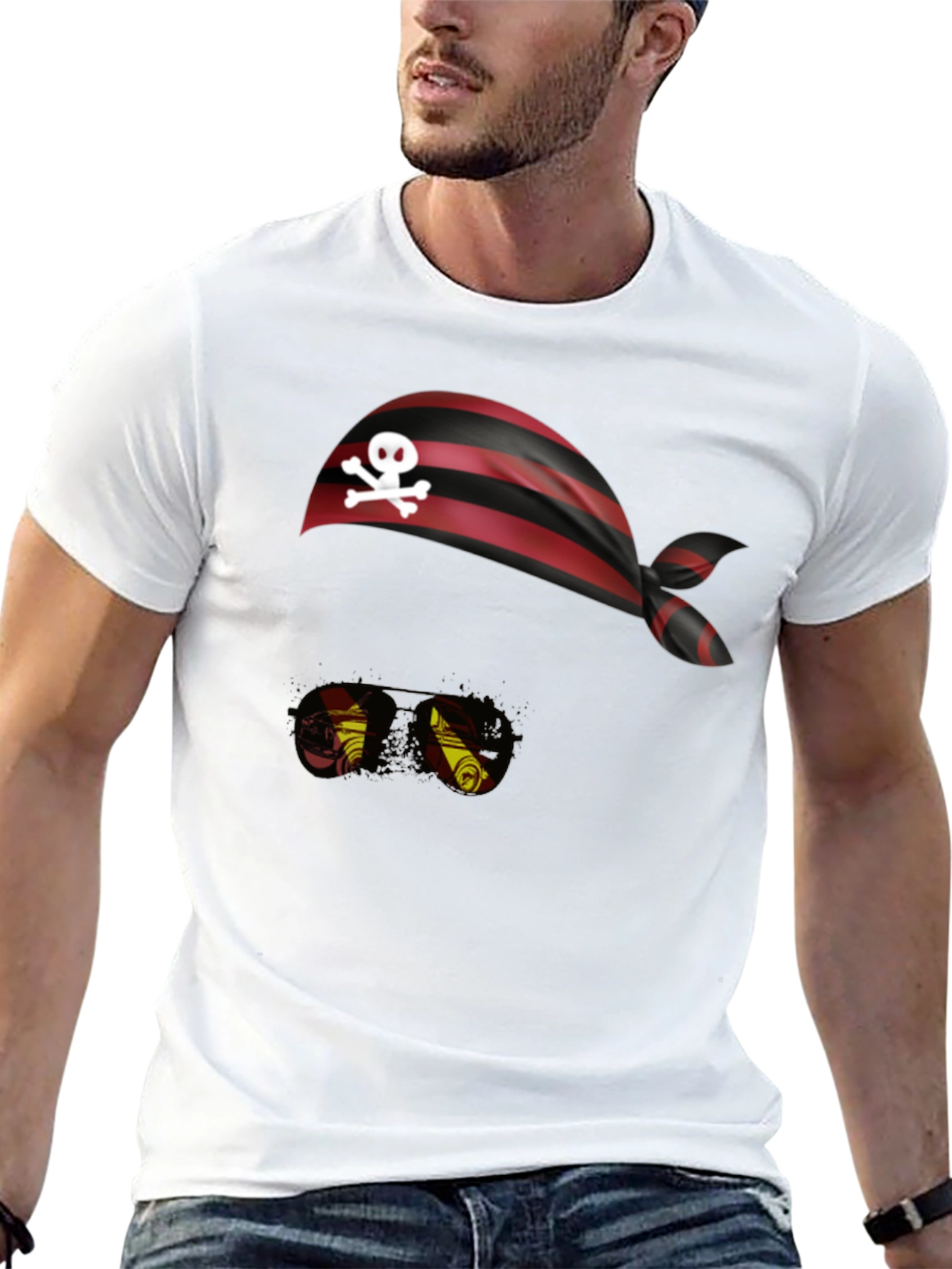 Pirate Skull Bandana & Glasses Black T-Shirt