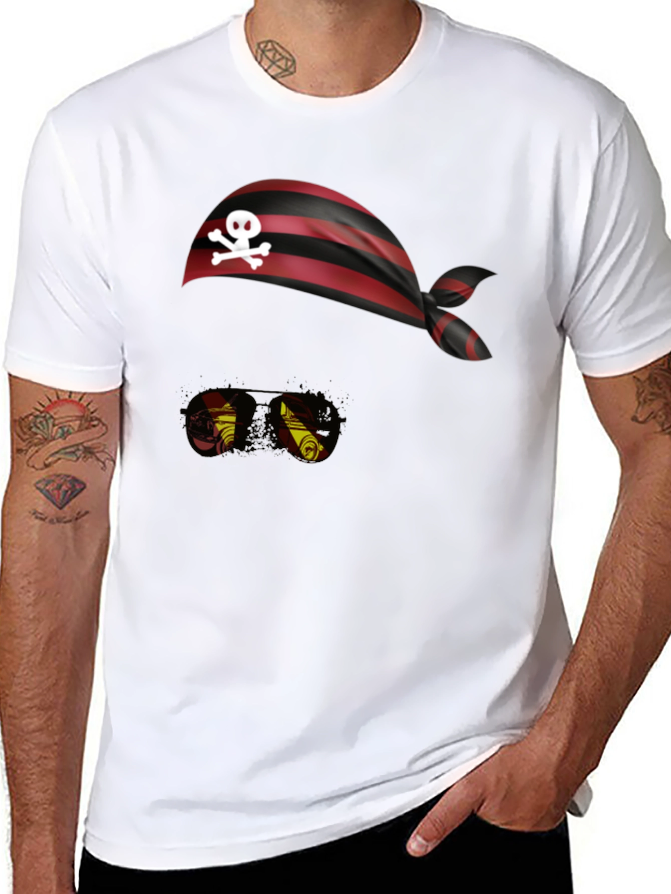 Pirate Skull Bandana & Glasses Black T-Shirt