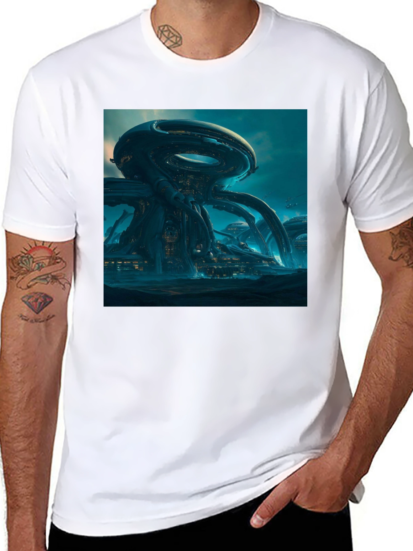 Futuristic Cityscape Graphic Tee - Sci-Fi Style