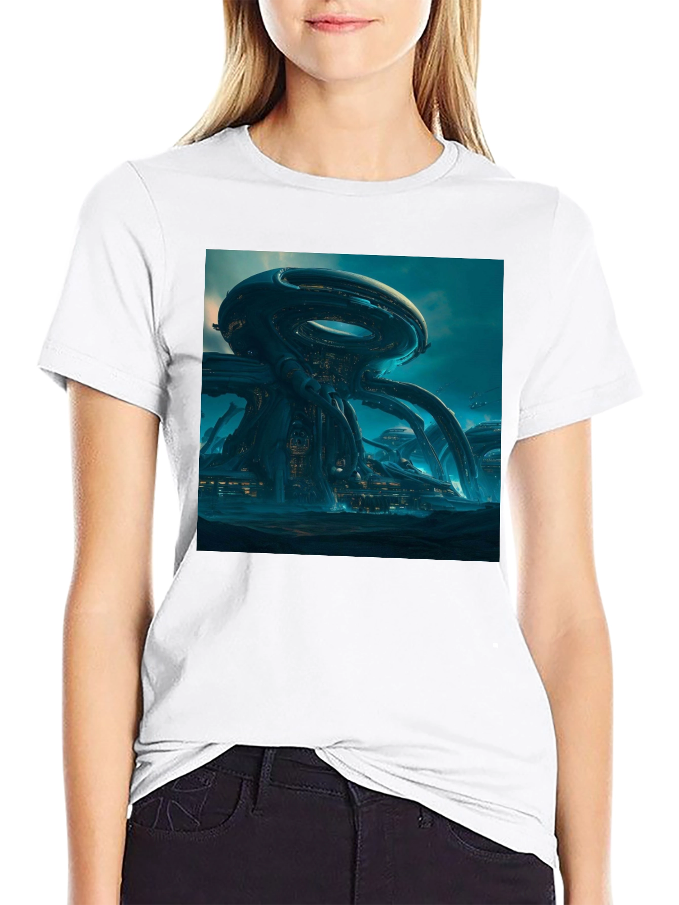 Futuristic Cityscape Graphic Tee - Sci-Fi Style