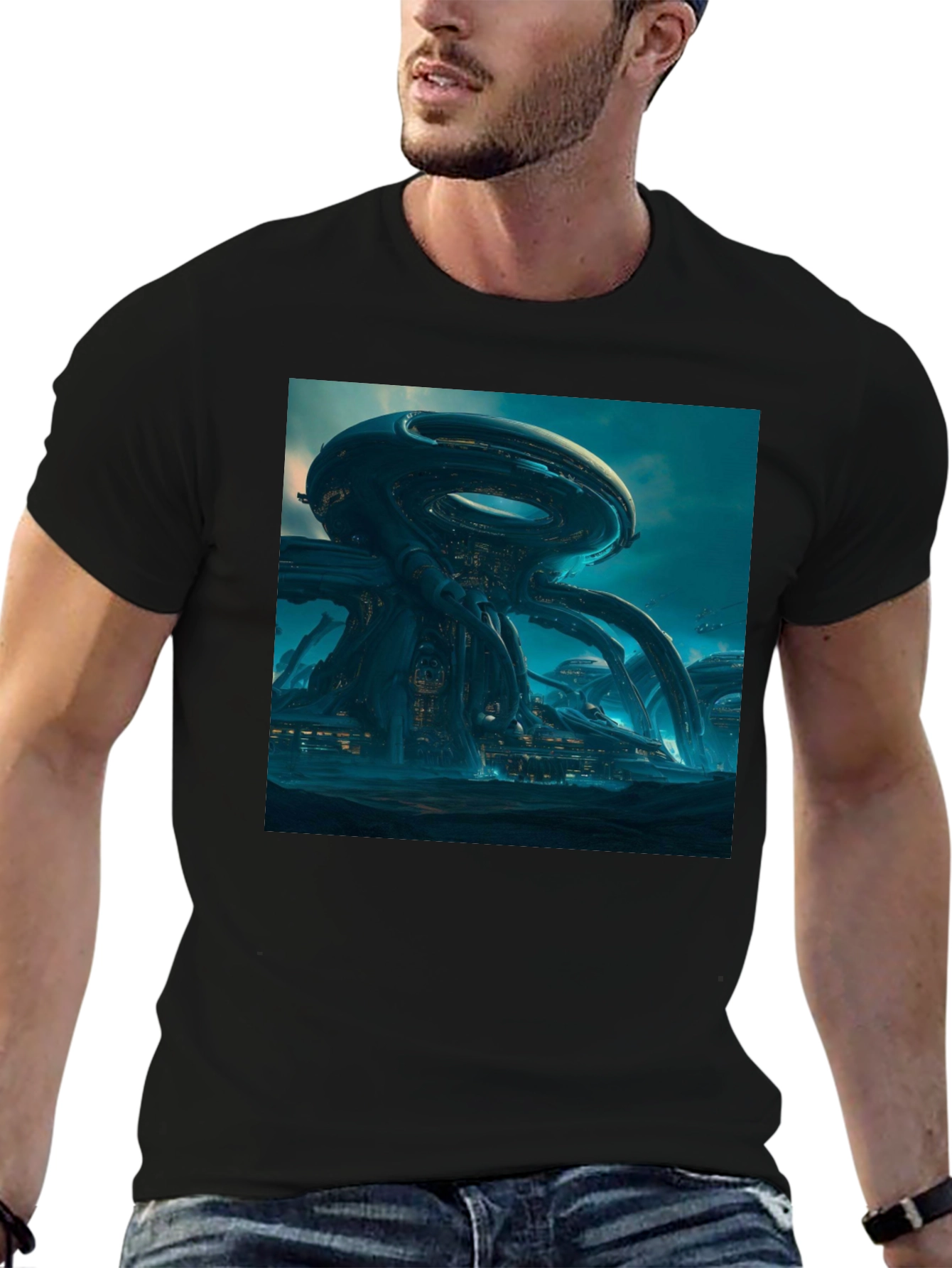 Futuristic Cityscape Graphic Tee - Sci-Fi Style