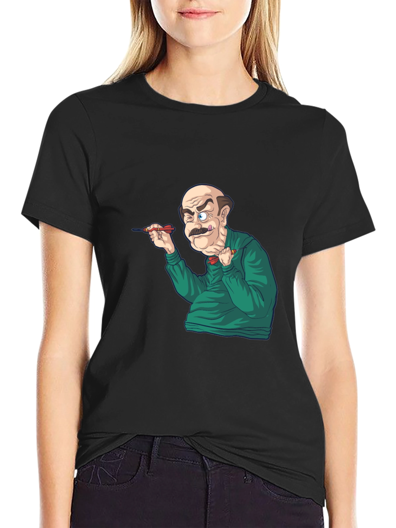 Funny Dart Player Graphic Tee - Black Cotton T-Shirt