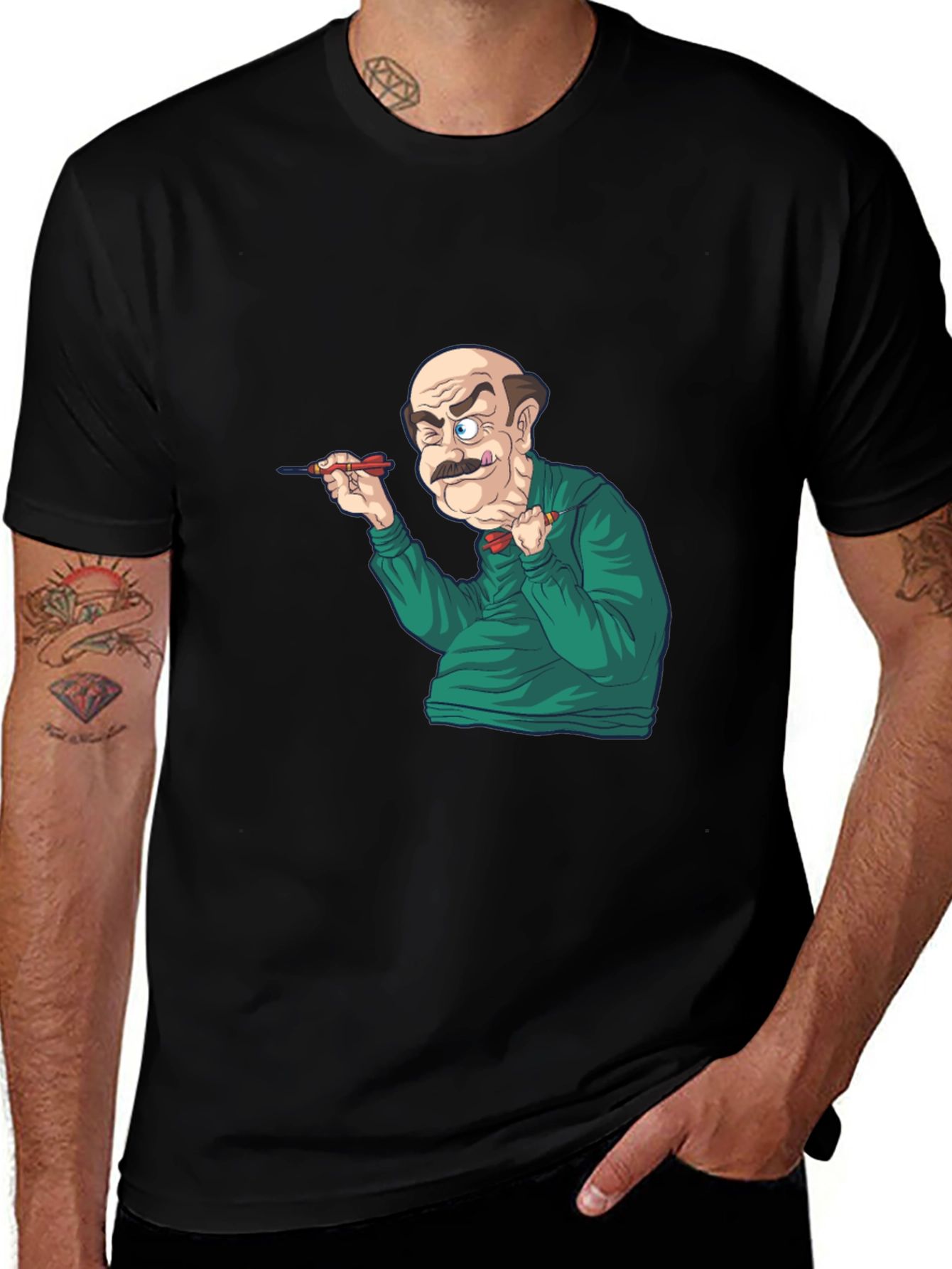 Funny Dart Player Graphic Tee - Black Cotton T-Shirt