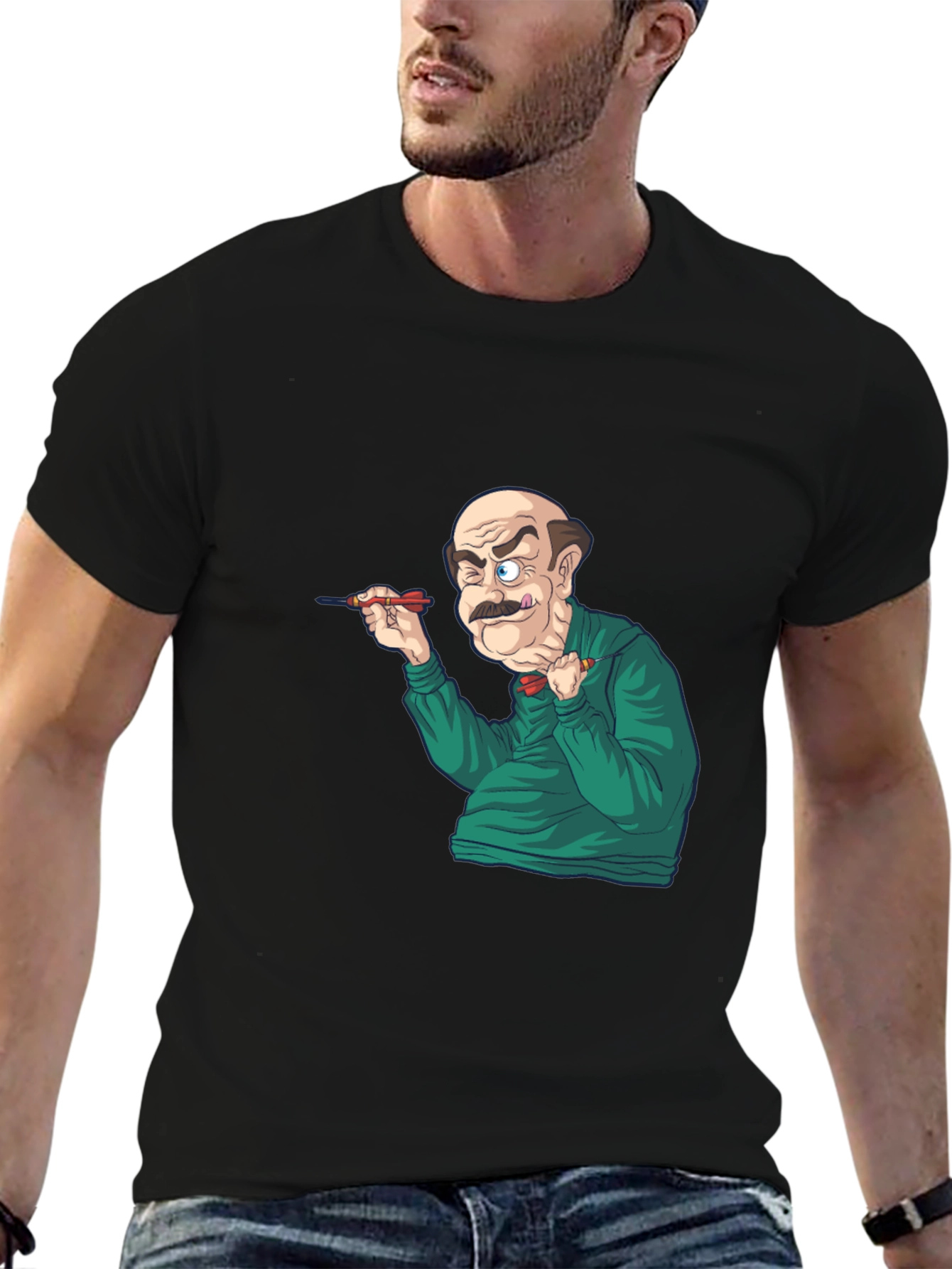 Funny Dart Player Graphic Tee - Black Cotton T-Shirt