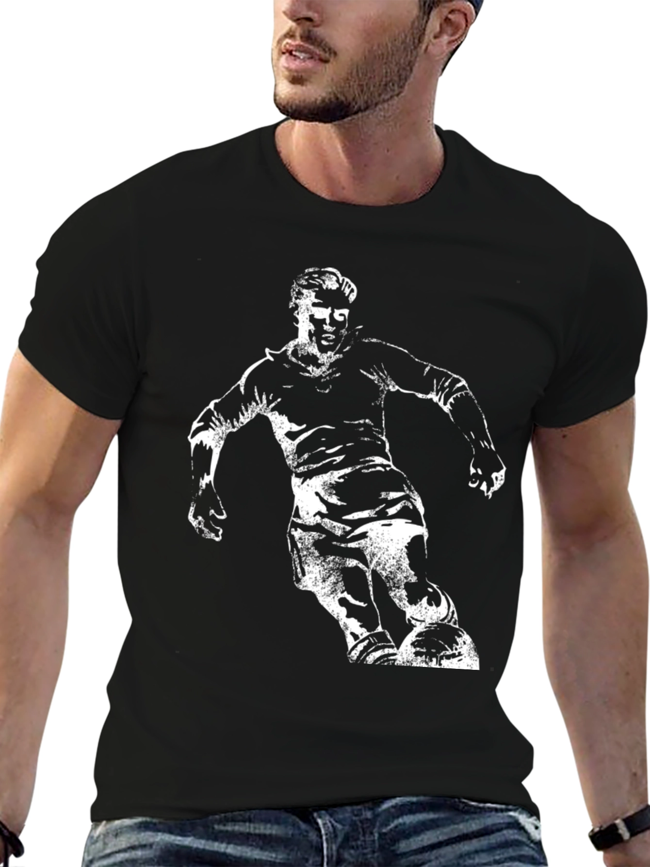 Soccer Player Graphic Tee - Black Cotton Casual T-Shirt