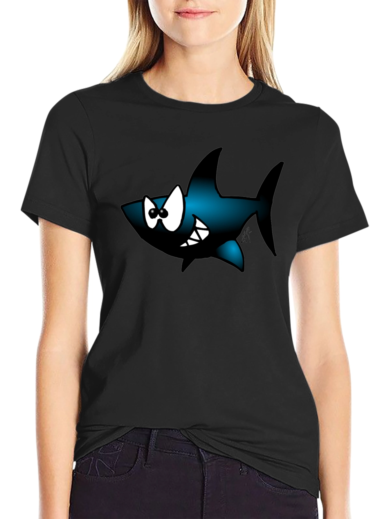 Cartoon Shark Graphic Tee - Black