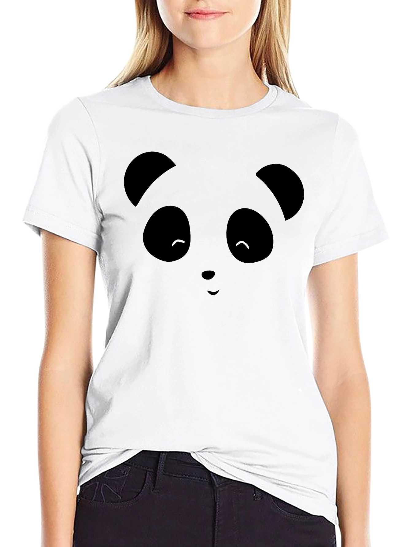 Cute Panda Face Graphic Black T-Shirt