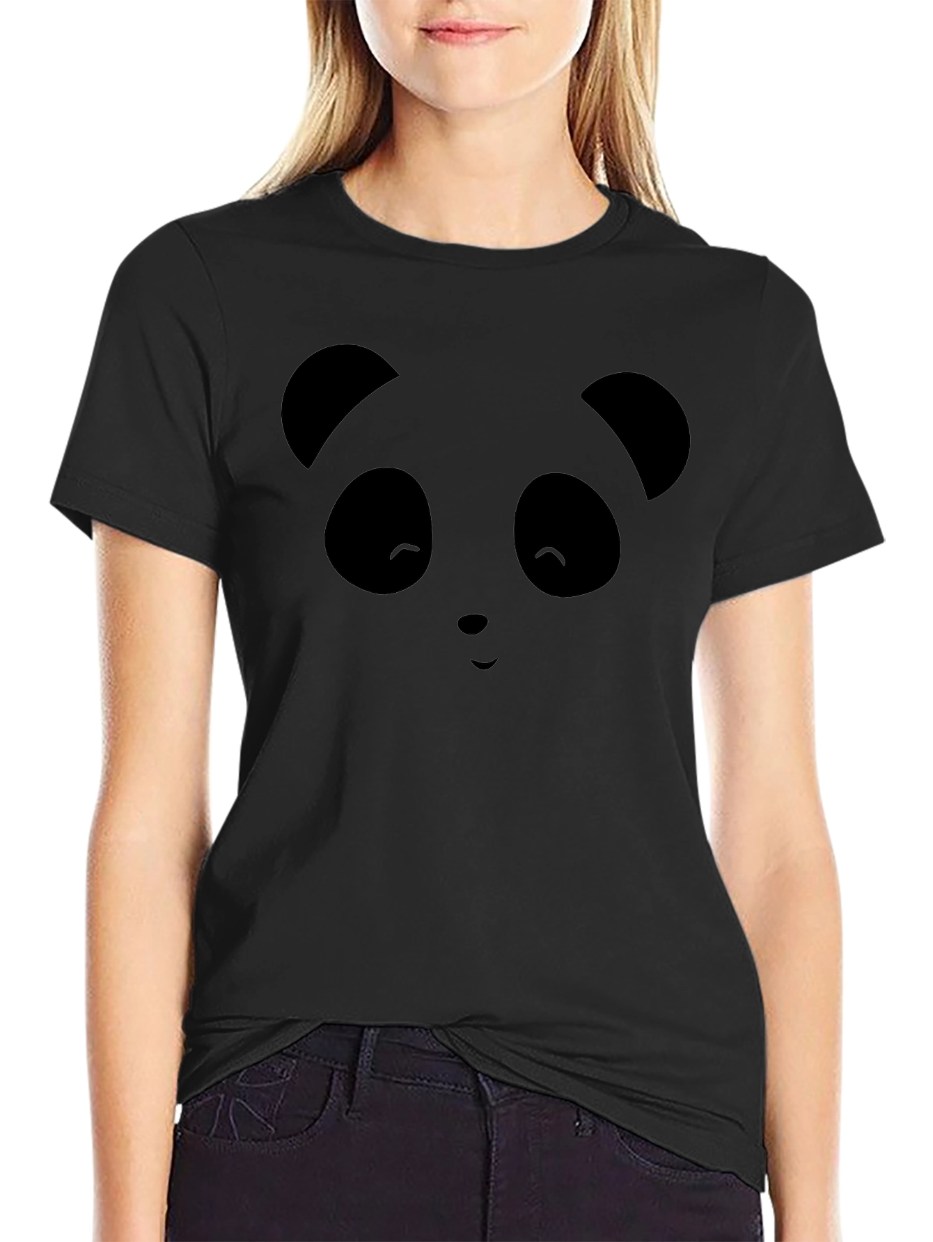 Cute Panda Face Graphic Black T-Shirt