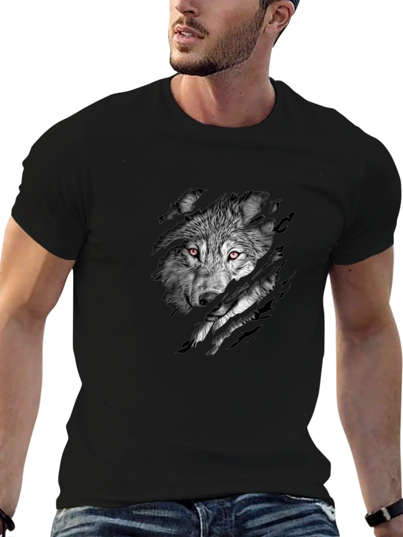 Mens Black Wolf Graphic Print Short Sleeve T-Shirt