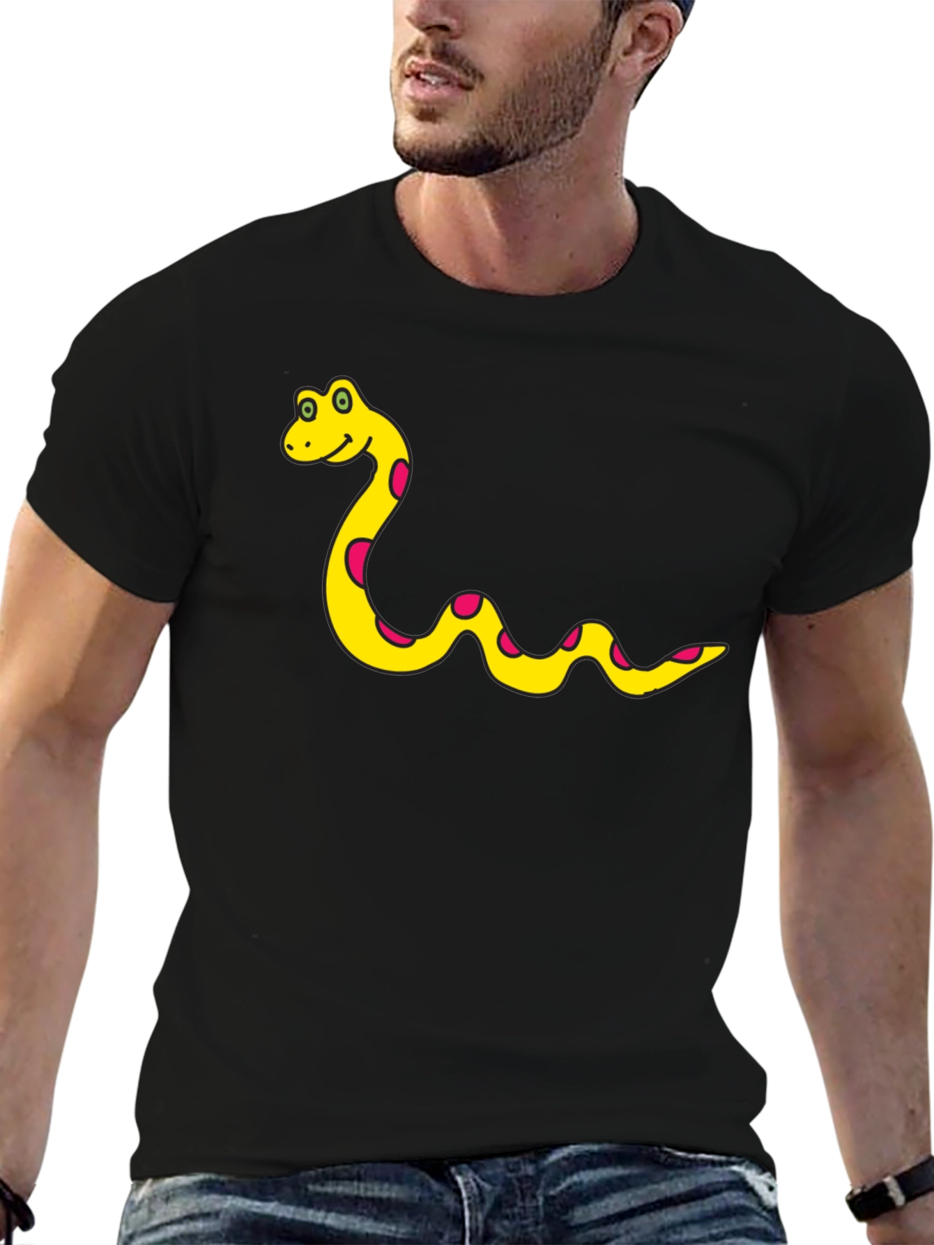 Mens Black T-Shirt with Cartoon Snake Design