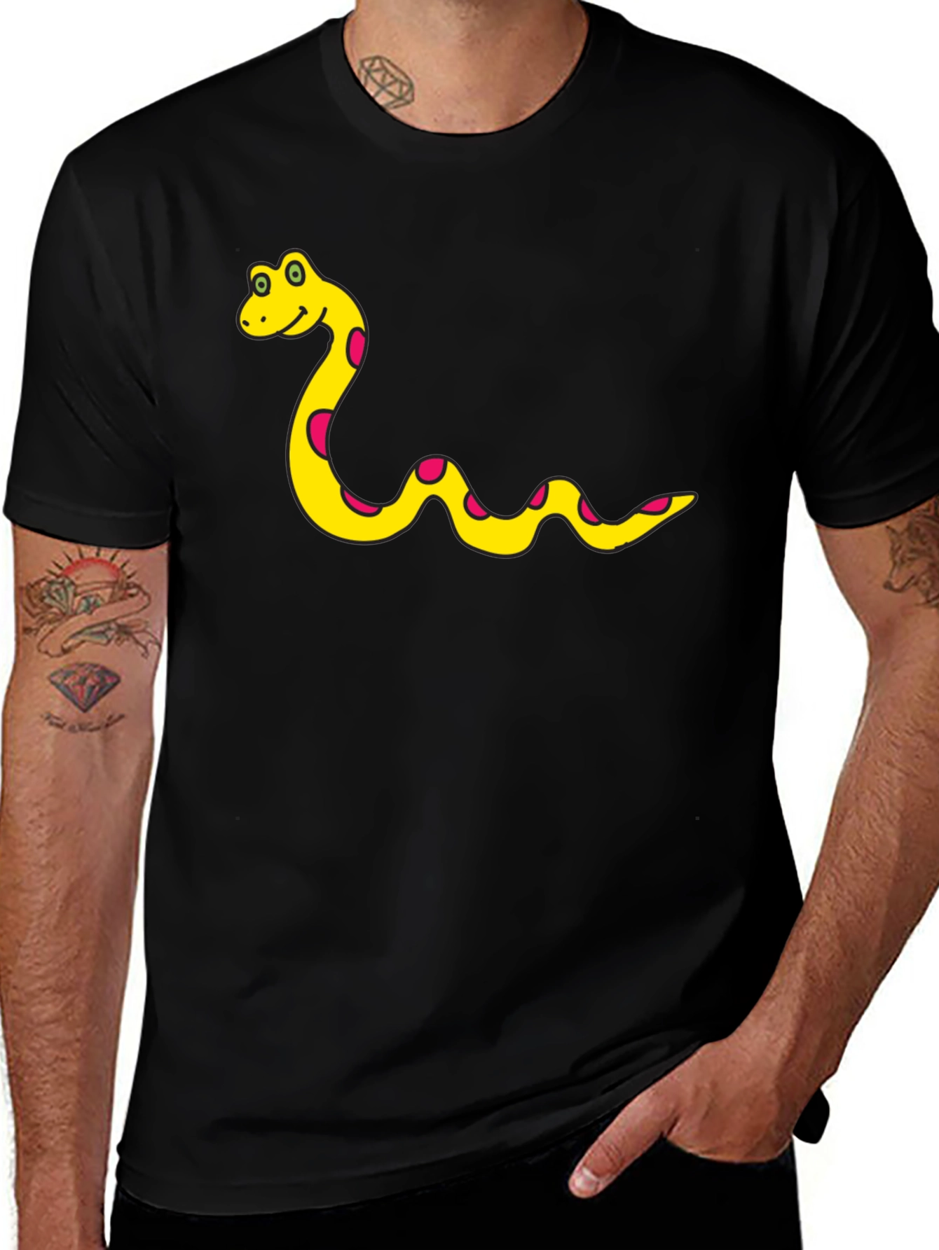 Mens Black T-Shirt with Cartoon Snake Design