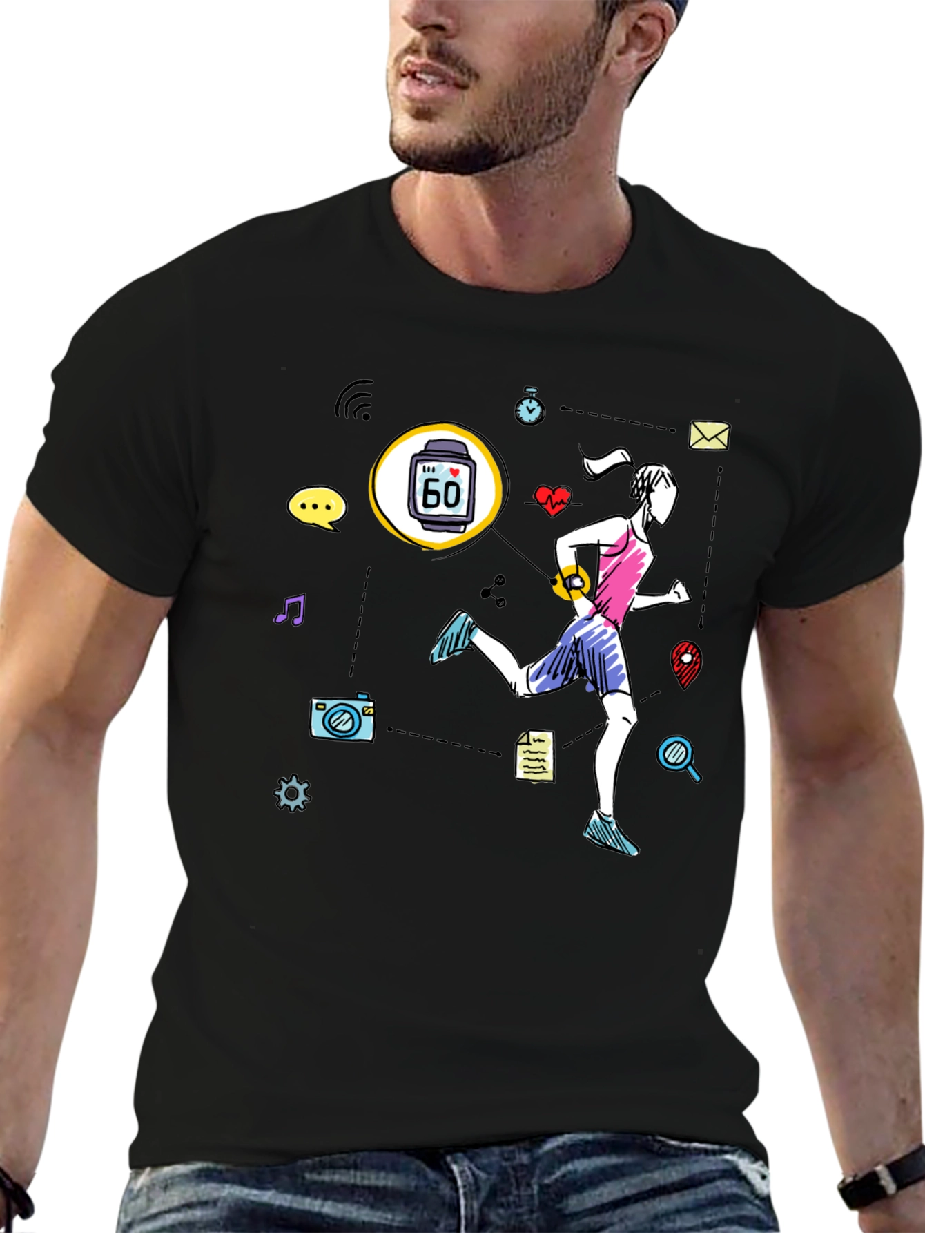 Fitness Tracker Graphic T-Shirt - Black