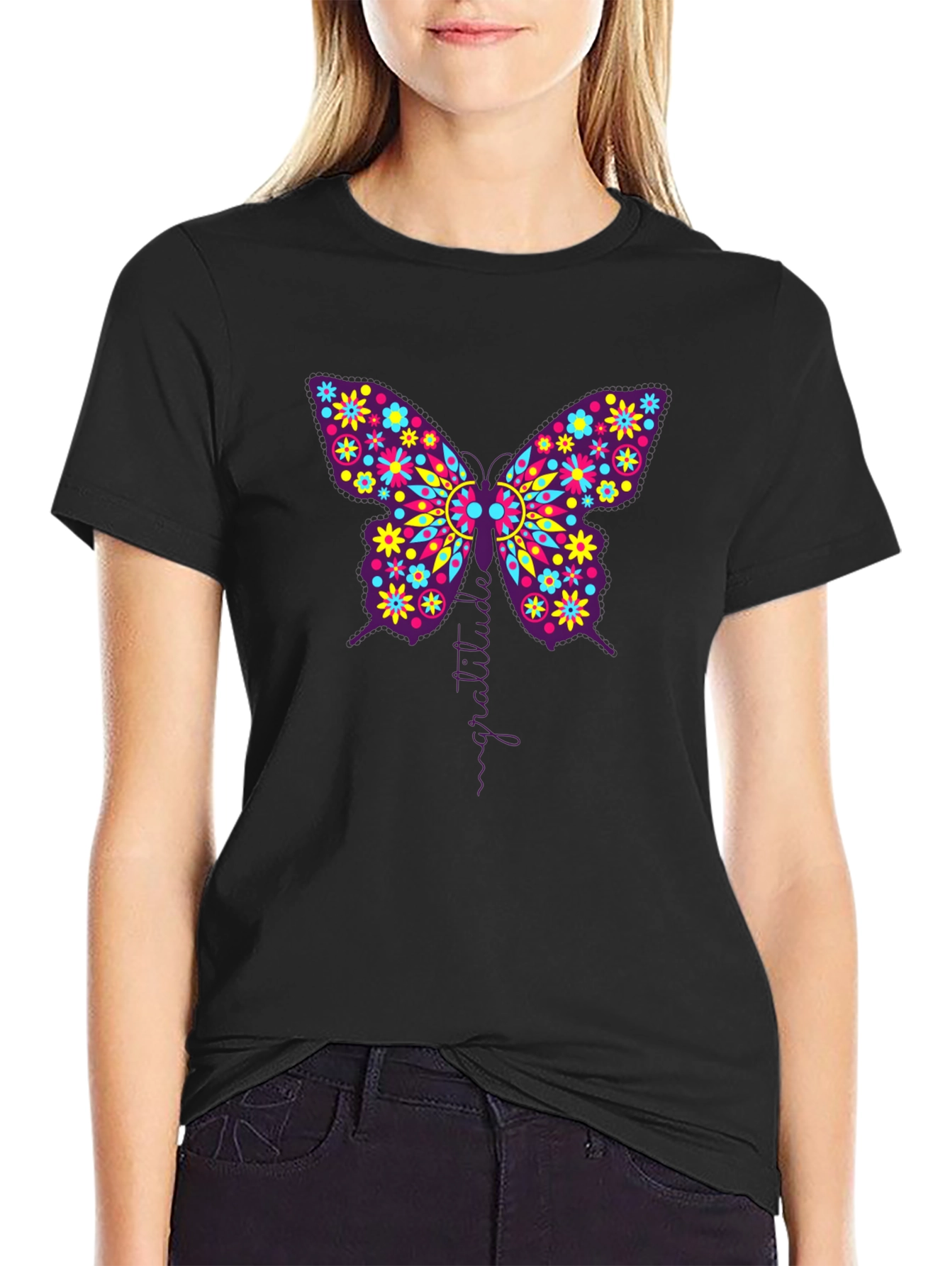 Butterfly Gratitude Graphic Black T-Shirt