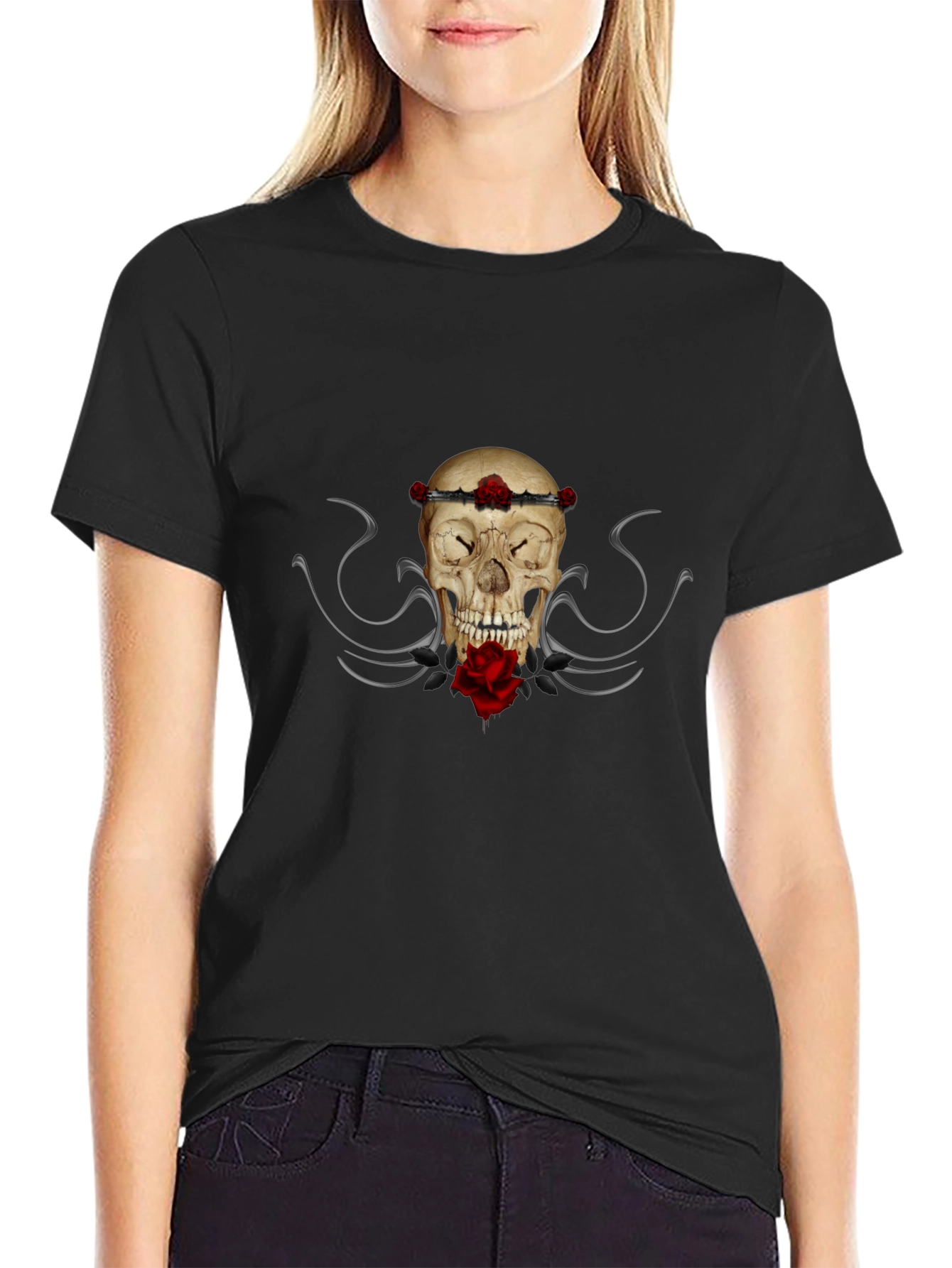 Skull & Roses Graphic Tee - Mens Black T-Shirt