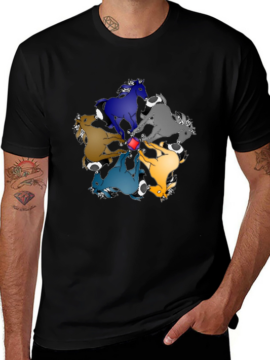 Colorful Horse Carousel Graphic Tee - Black Cotton Blend