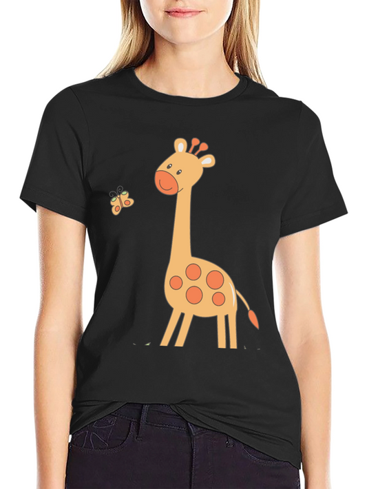 Cute Giraffe & Butterfly Black T-Shirt