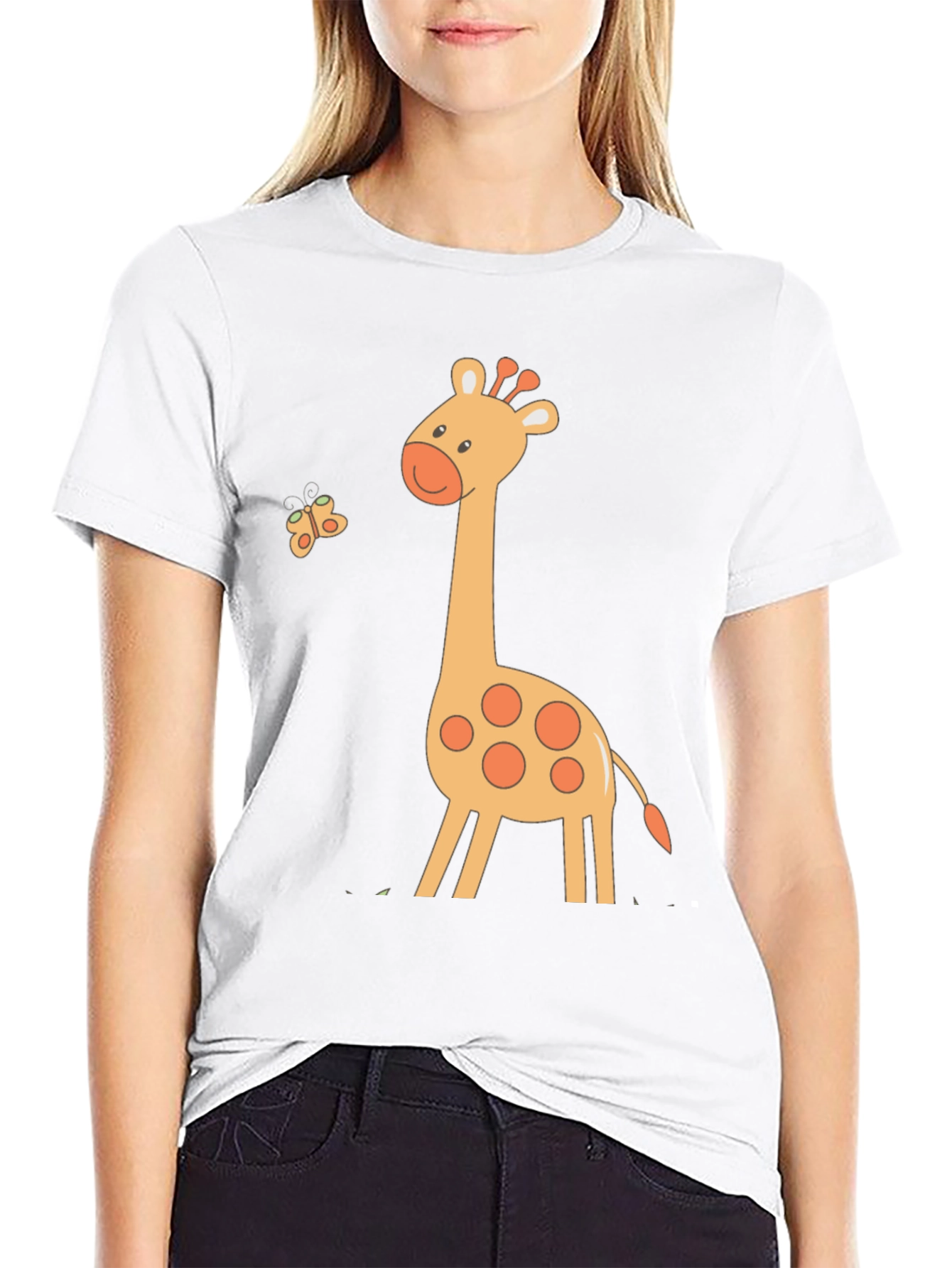 Cute Giraffe & Butterfly Black T-Shirt
