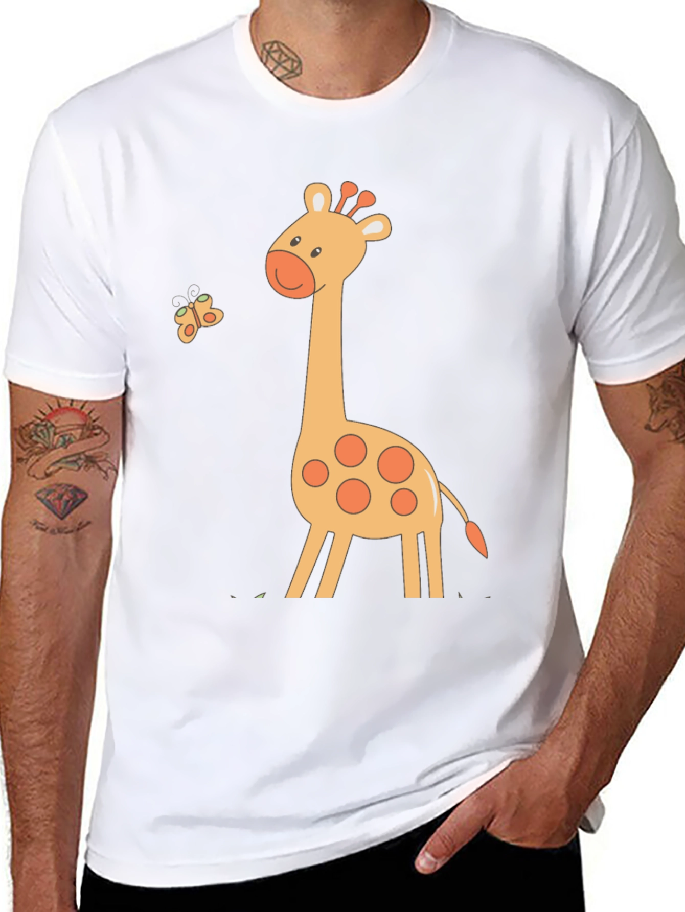 Cute Giraffe & Butterfly Black T-Shirt