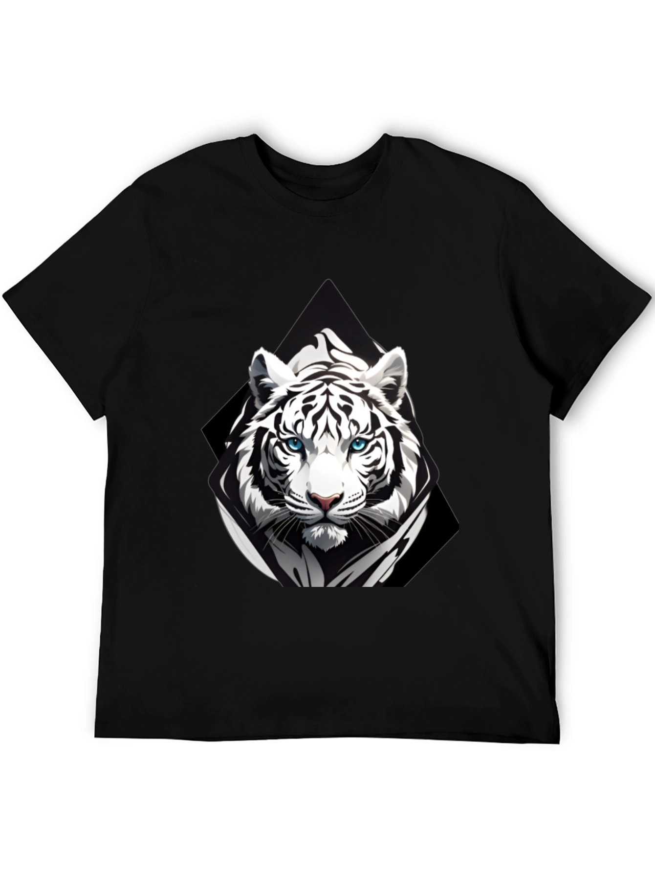 Black T-Shirt with White Tiger Graphic Print