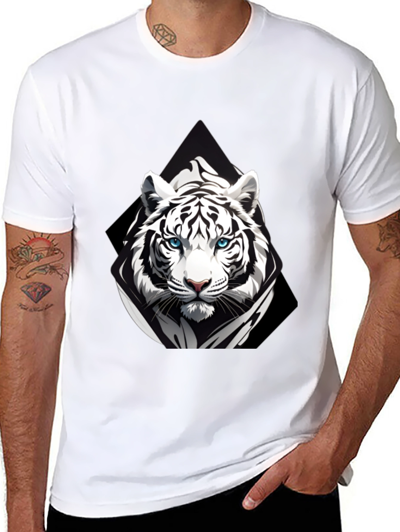 Black T-Shirt with White Tiger Graphic Print