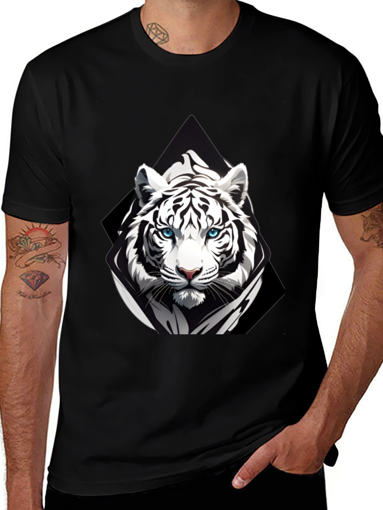 Black T-Shirt with White Tiger Graphic Print