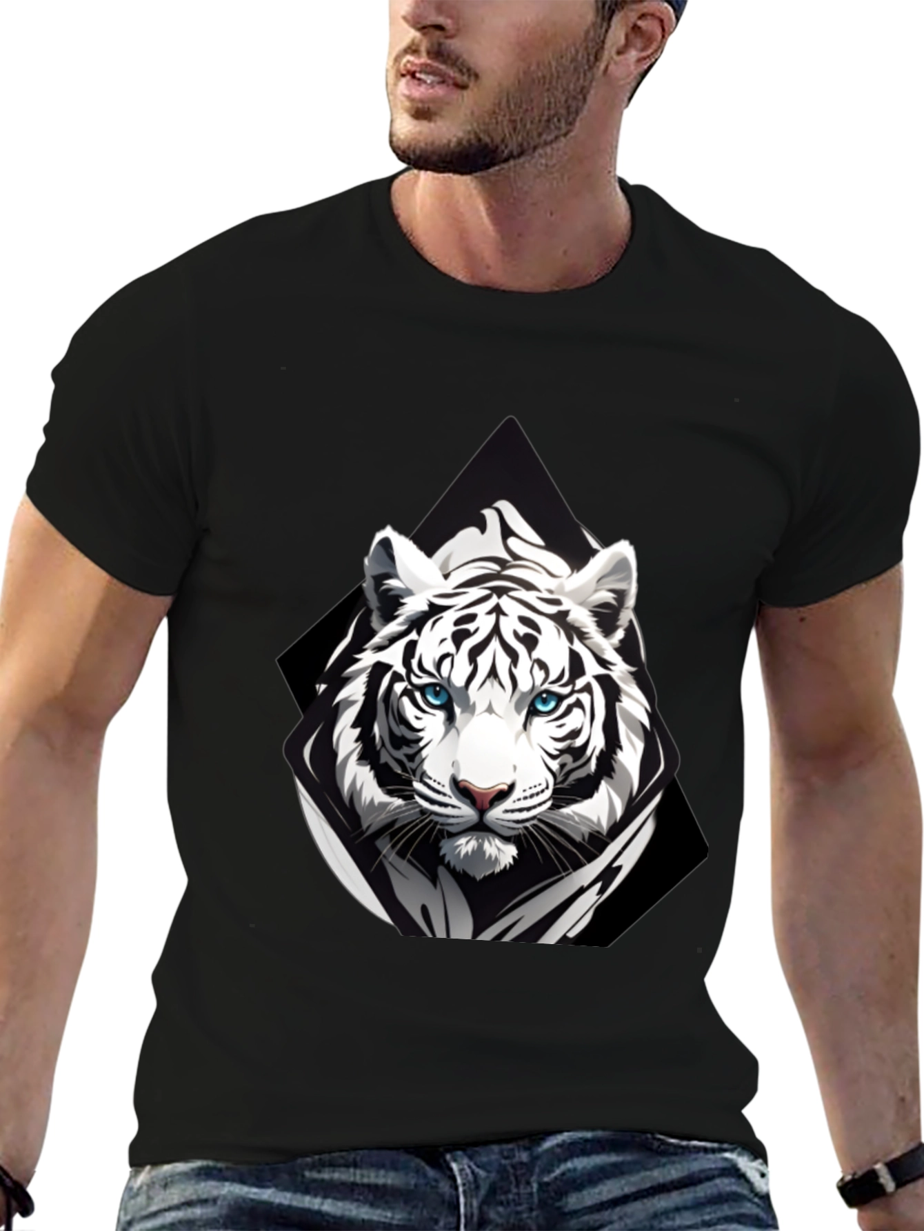 Black T-Shirt with White Tiger Graphic Print