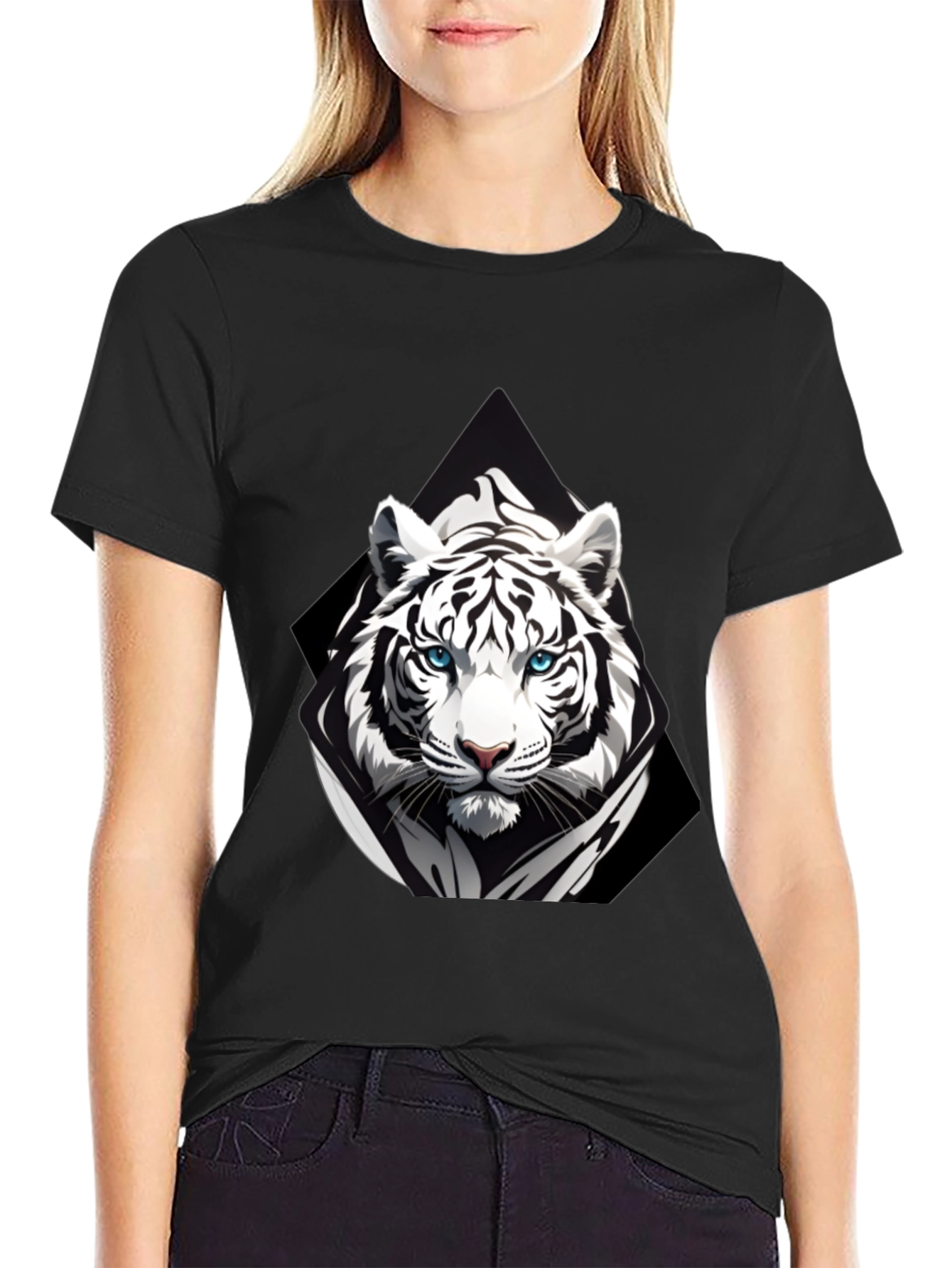 Black T-Shirt with White Tiger Graphic Print