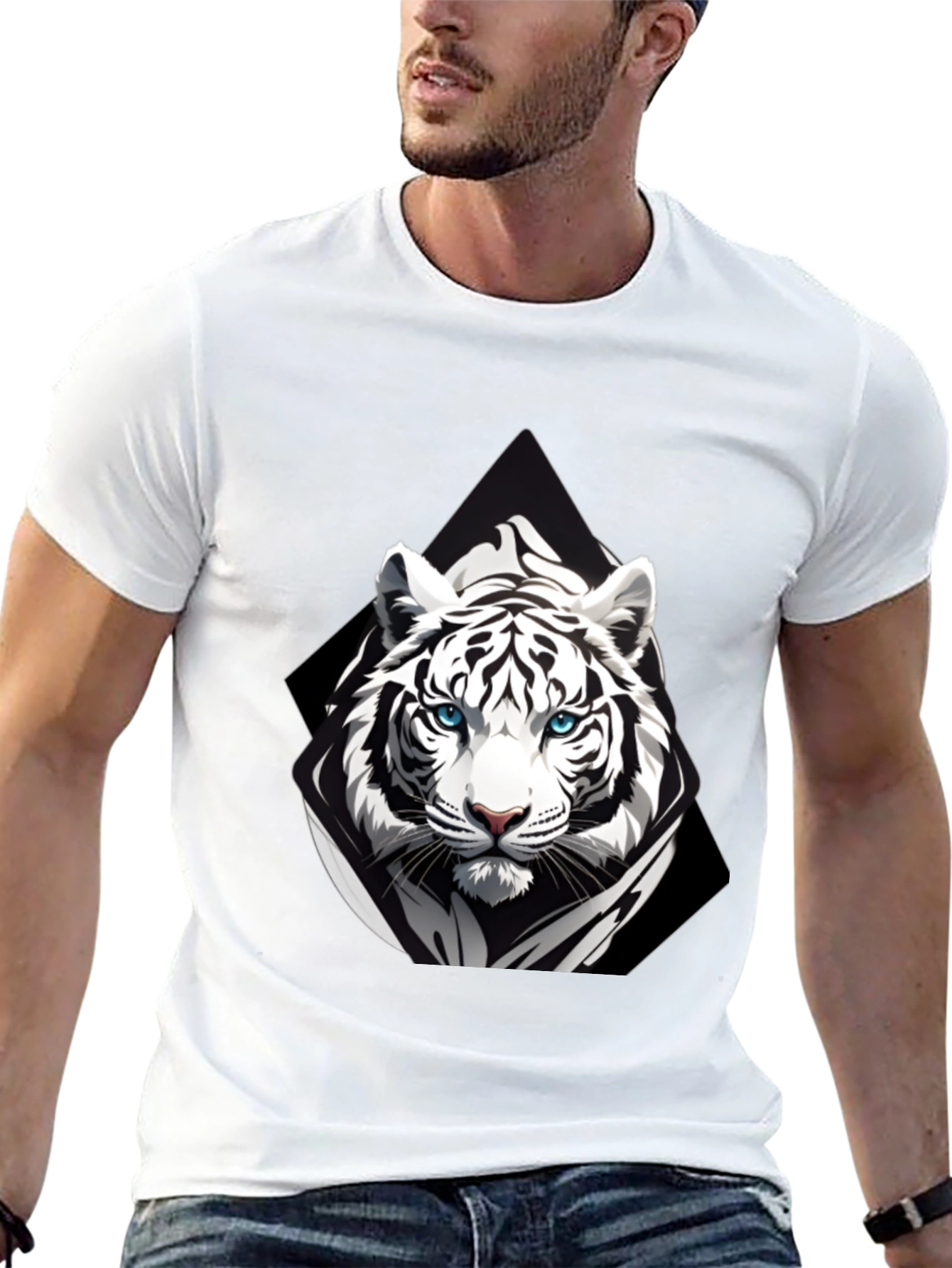 Black T-Shirt with White Tiger Graphic Print
