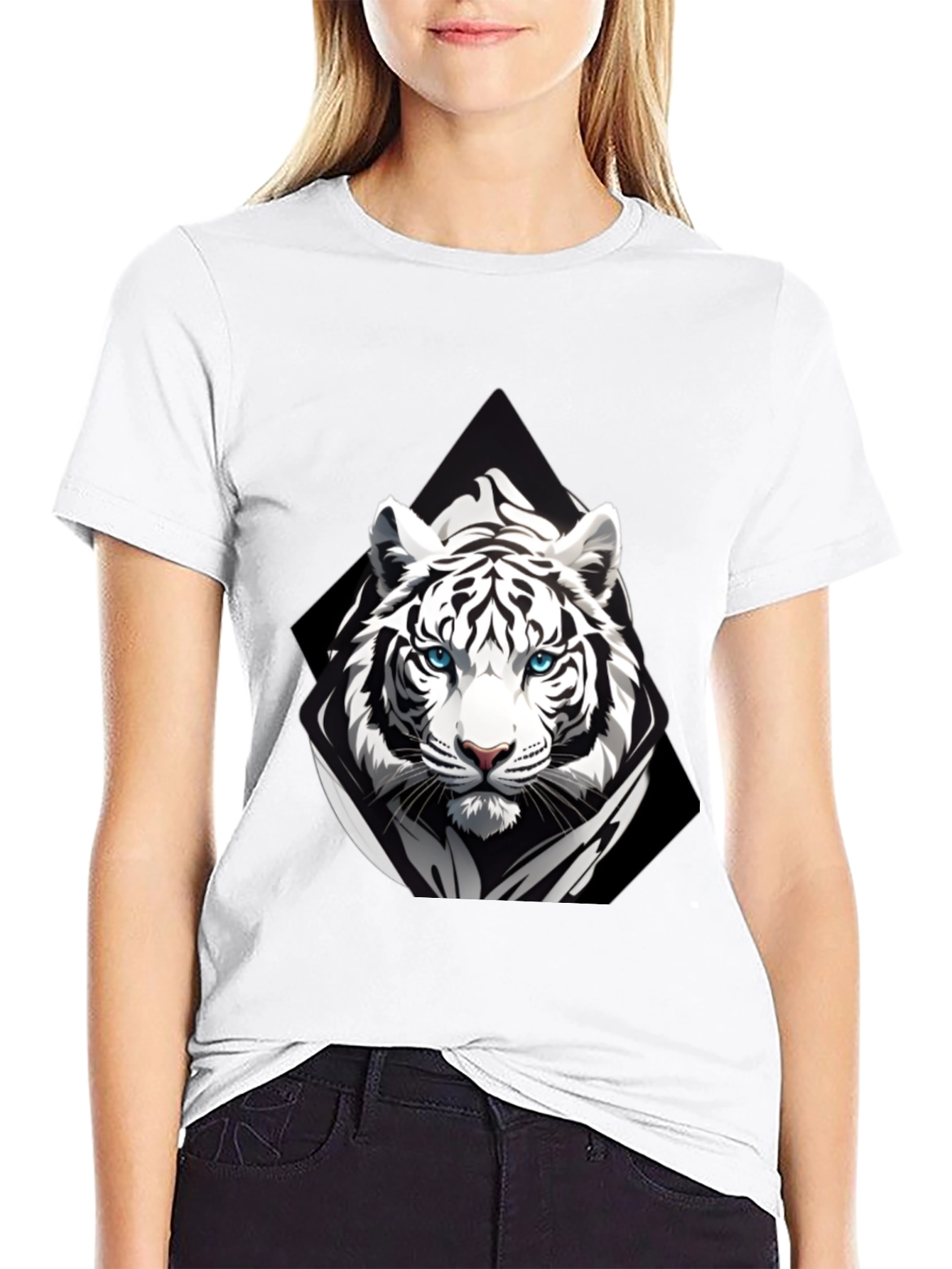 Black T-Shirt with White Tiger Graphic Print
