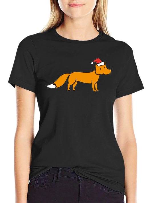 Fox in Santa Hat Graphic Tee - Black Cotton T-Shirt