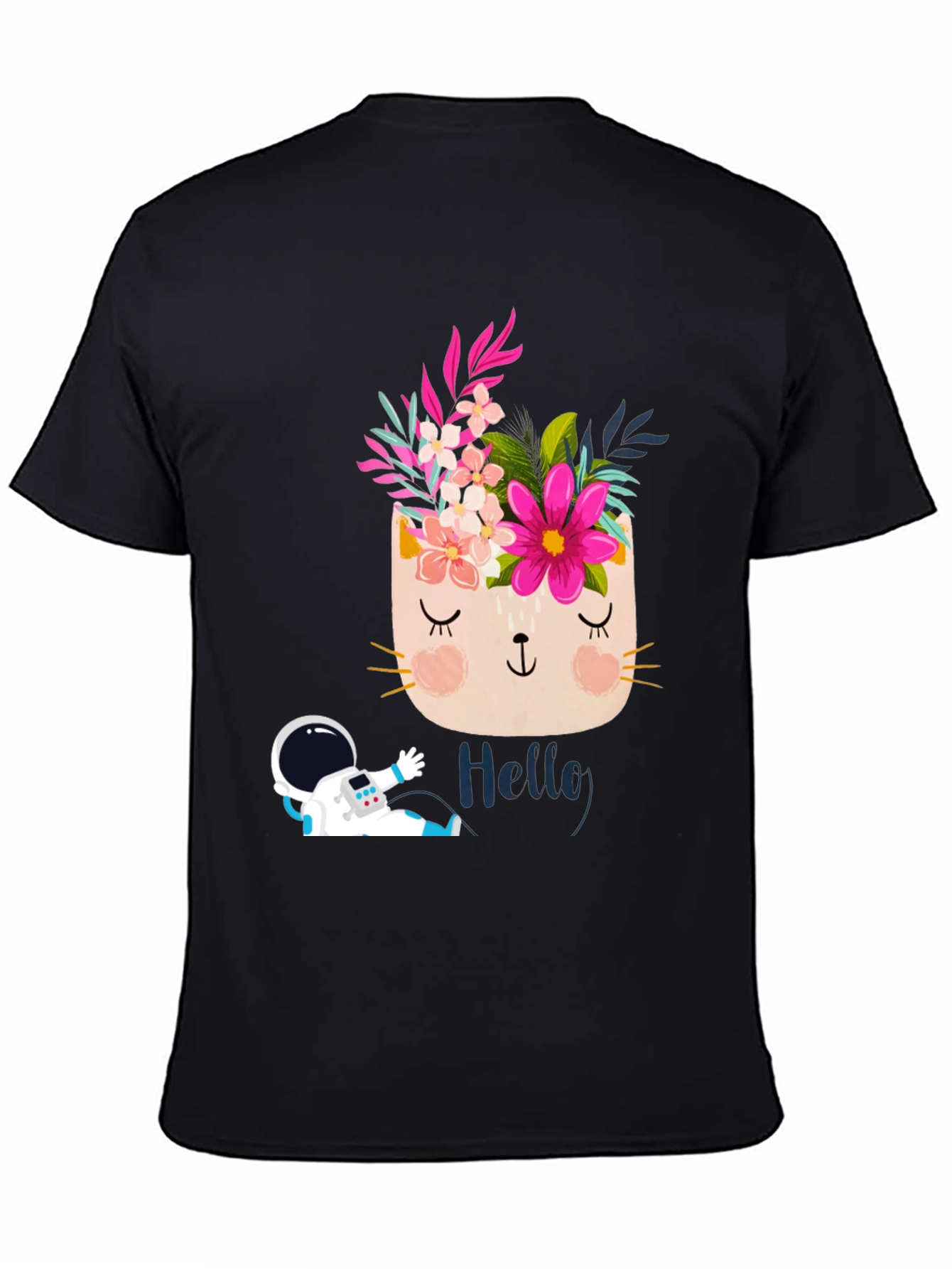 Floral Cat Astronaut Graphic Black T-Shirt