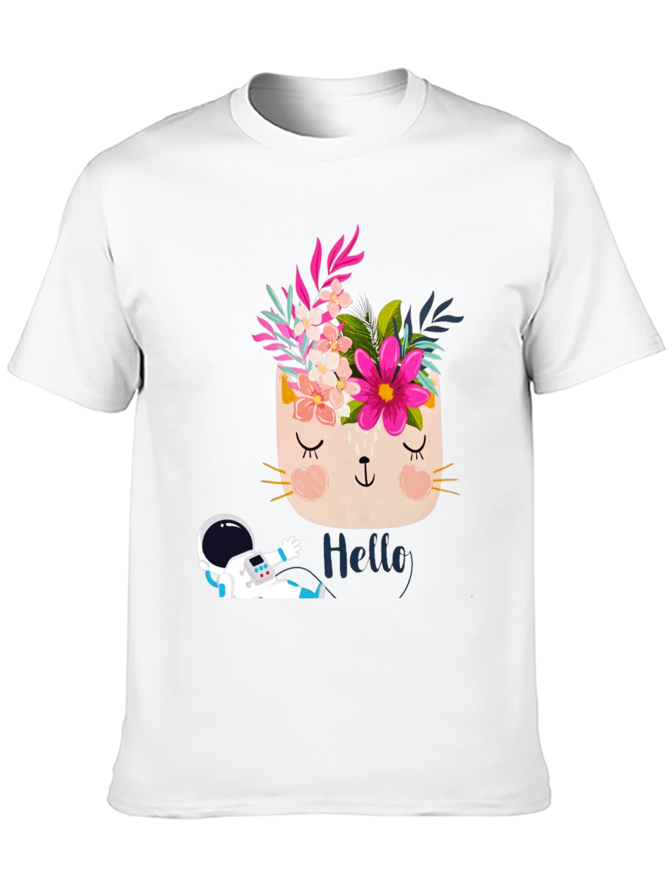 Floral Cat Astronaut Graphic Black T-Shirt