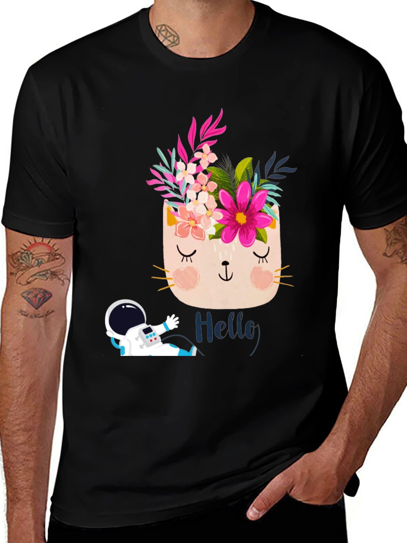 Floral Cat Astronaut Graphic Black T-Shirt