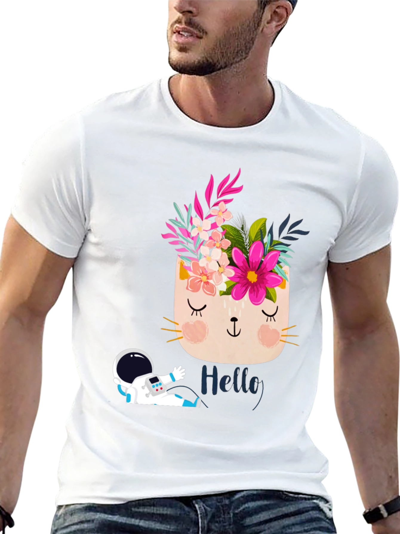 Floral Cat Astronaut Graphic Black T-Shirt