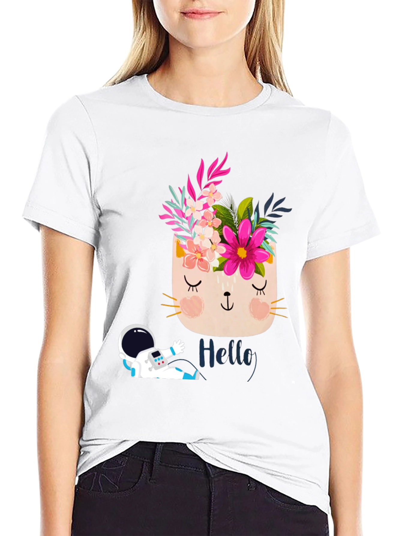 Floral Cat Astronaut Graphic Black T-Shirt