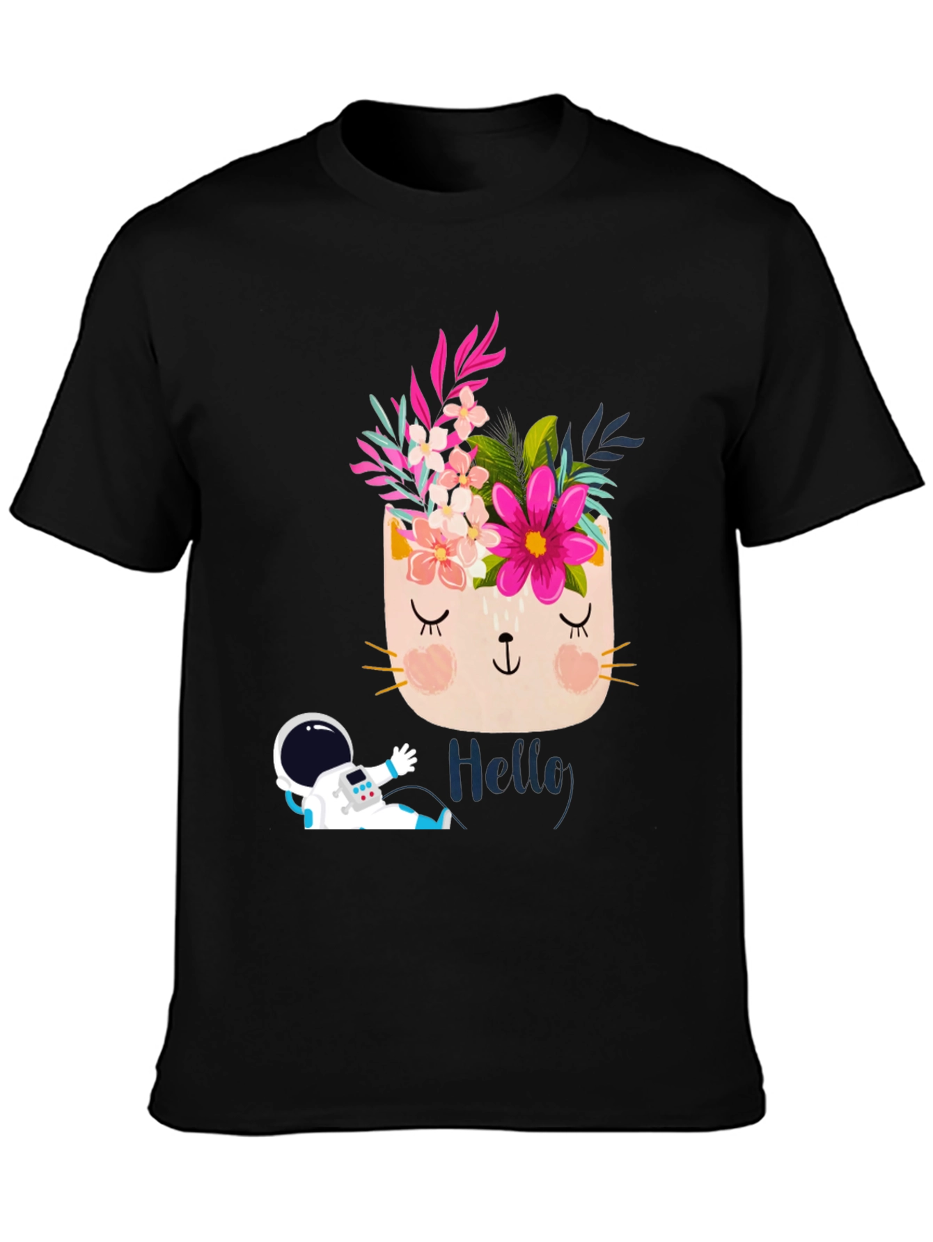 Floral Cat Astronaut Graphic Black T-Shirt