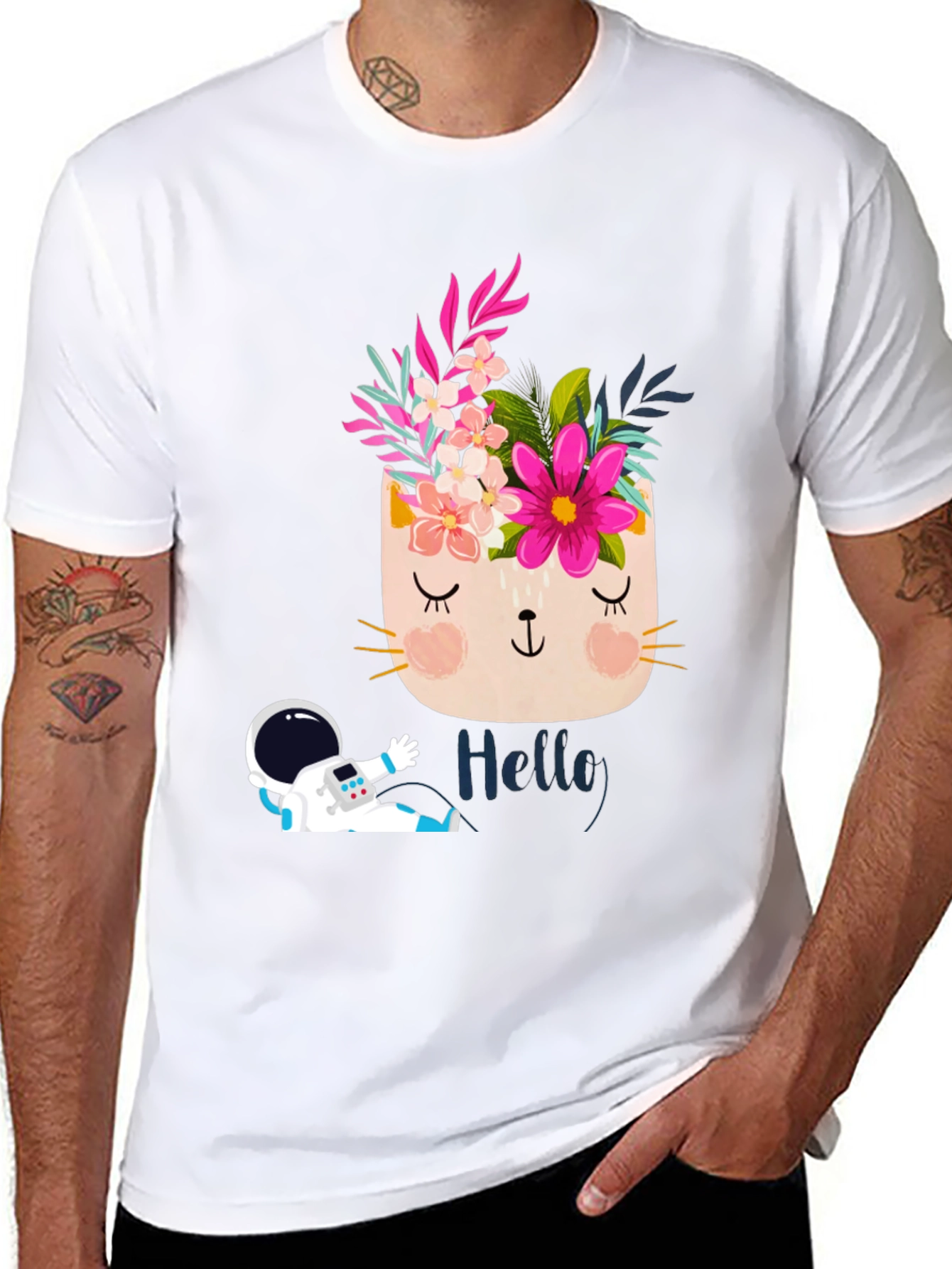 Floral Cat Astronaut Graphic Black T-Shirt