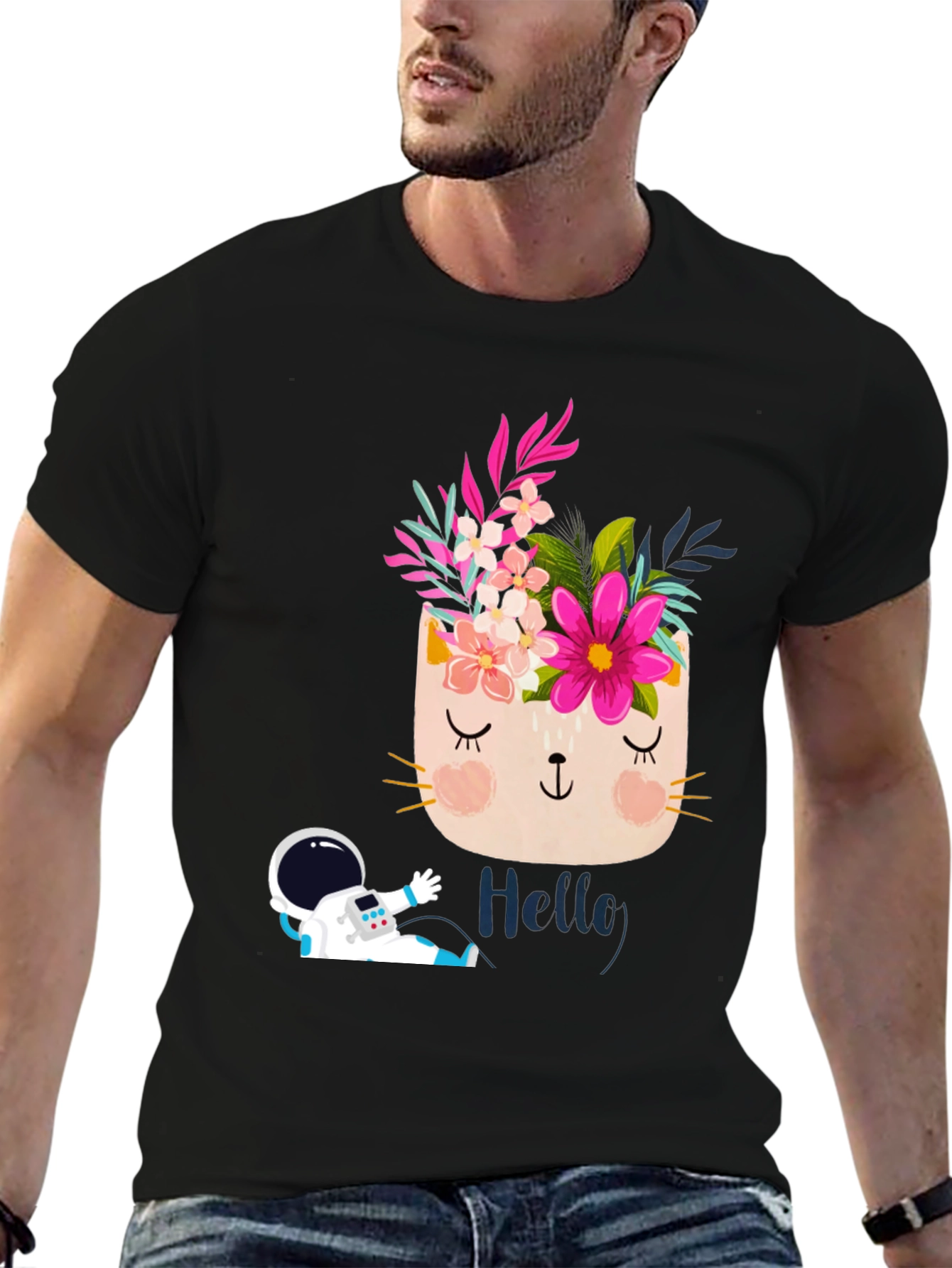 Floral Cat Astronaut Graphic Black T-Shirt