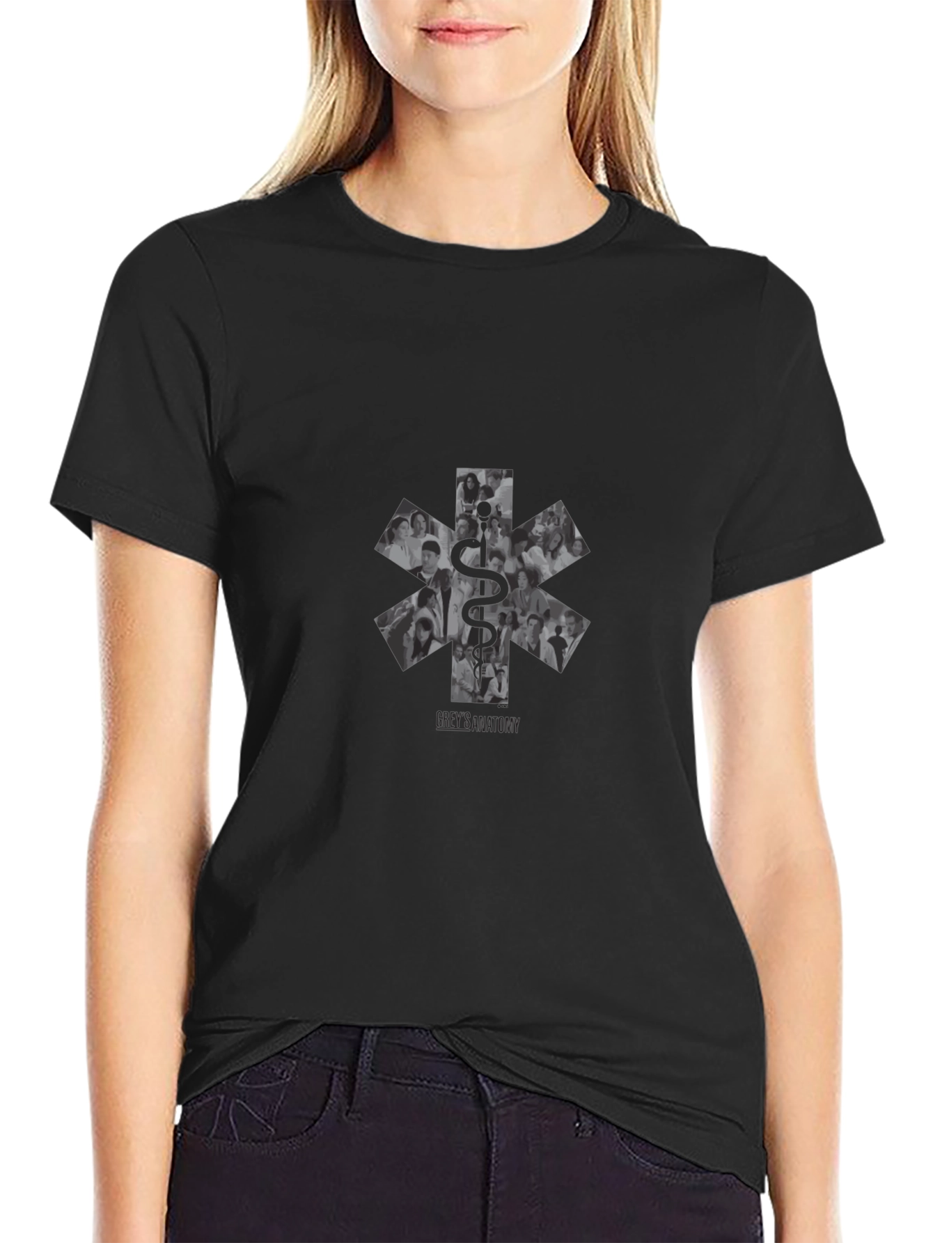 Greys Anatomy Black T-Shirt with Caduceus Graphic