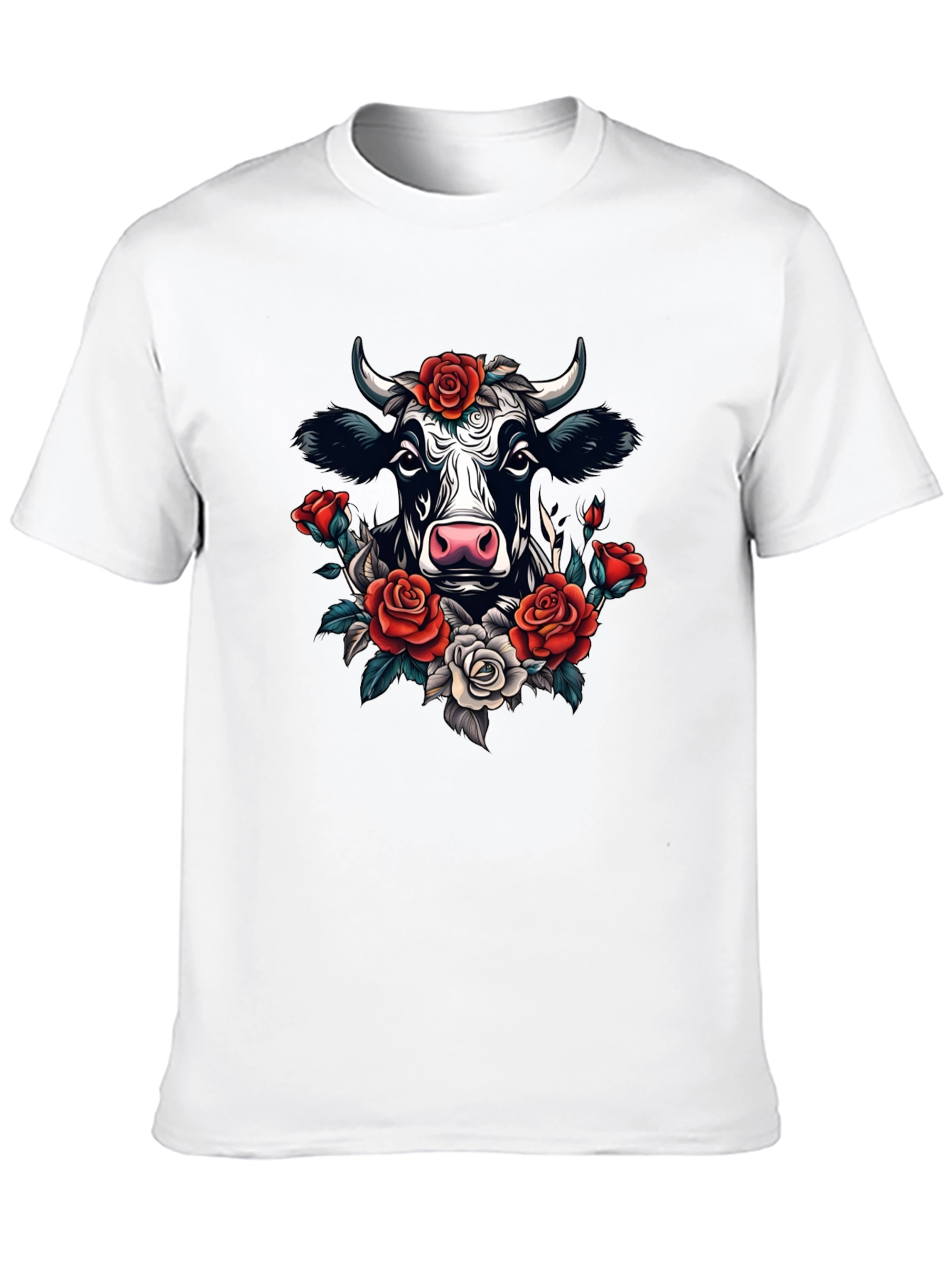 Floral Cow Graphic Tee - Black Cotton T-Shirt