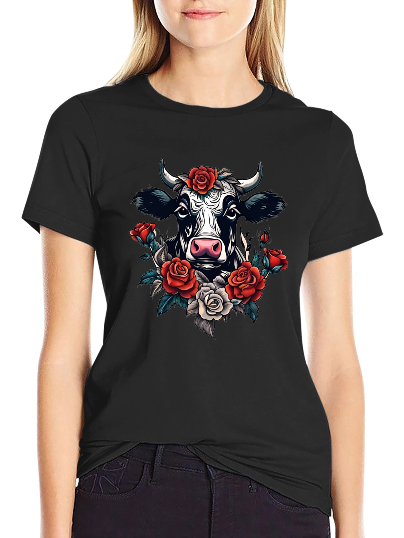 Floral Cow Graphic Tee - Black Cotton T-Shirt