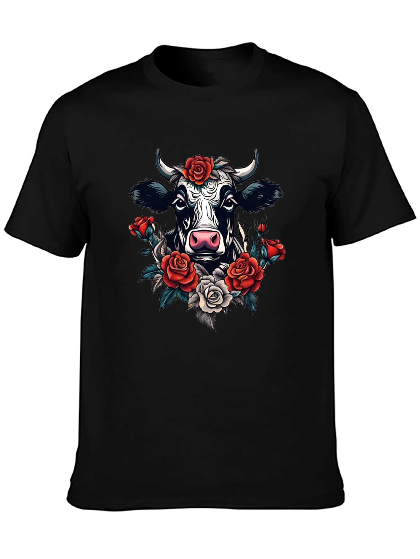 Floral Cow Graphic Tee - Black Cotton T-Shirt